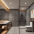 Modern Hotel Bathroom Interior With Gray Tile Walls Large Mirror Open Shower And White Toilet