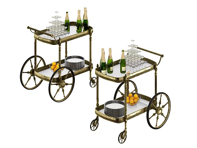 Vintage Gold Serving Carts With Wine Bottles Glasses Fruits And Plates 3d model