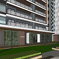 Modern Hotel Building Exterior Architecture With Glass Curtain Wall And Central Fountain Plaza