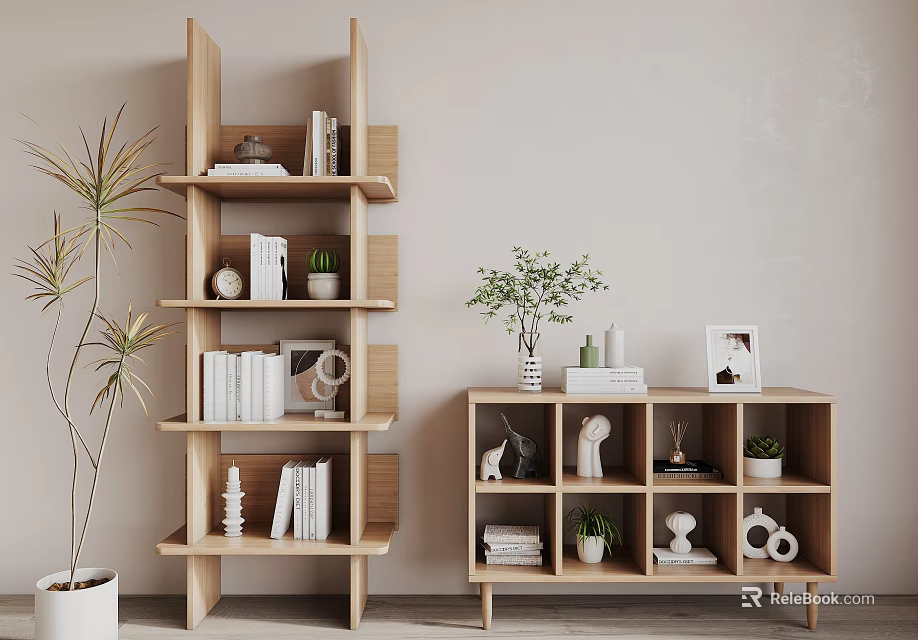 Modern Wooden Bookcase With Open Shelves Books Potted Plants And Decorative Items 3d model 