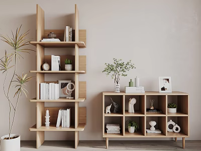 Modern Wooden Bookcase With Open Shelves Books Potted Plants And Decorative Items 3d model