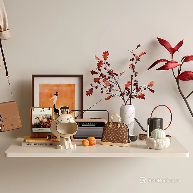 Decorative Ornament Set On Shelf With Framed Picture Radio Vase Autumn Leaves Handbag And Books 3d model 