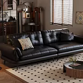 Modern Living Room Black Leather Sofa with Accent Pillows and Round Coffee Table Set