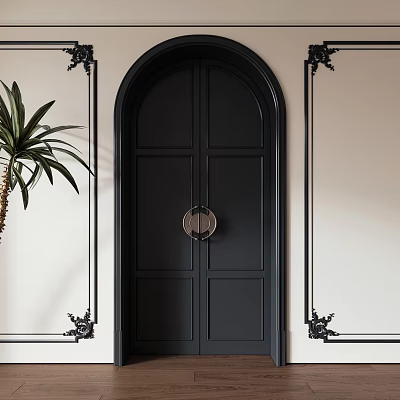 Black Double Doors With Circular Knocker Arched Frame Black Decorative Trim And Green Palm Plant 3d model