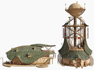 Unique Residential Building Design With Green Roof And Wooden Tower Structure 3d model