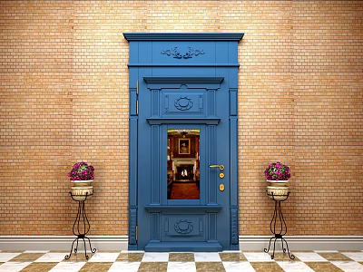 Blue Security Door On Brick Wall With Floral Planters Both Sides Ornate Carvings Classic Design 3d model