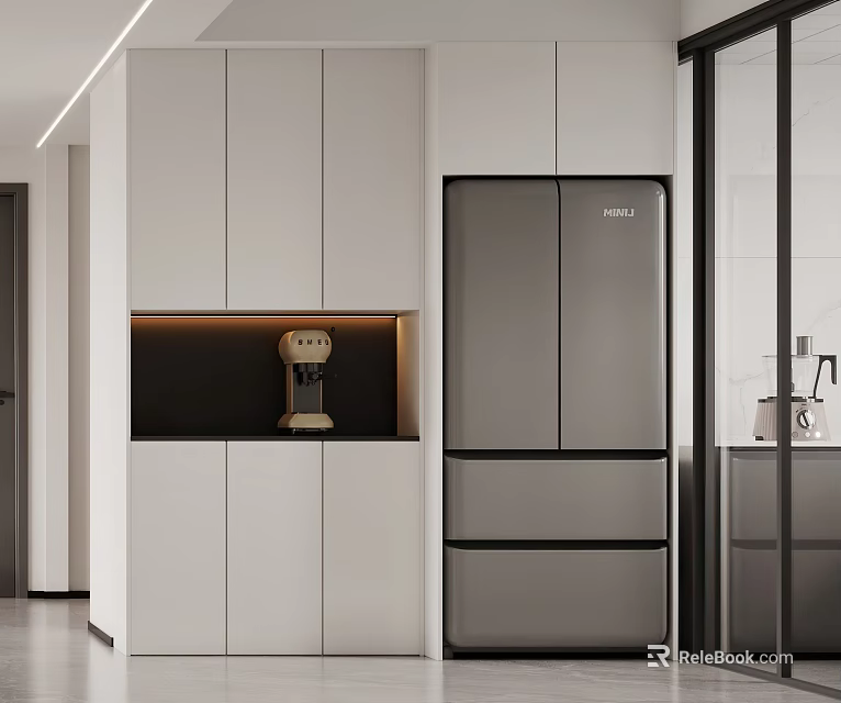 Elegant Modern Wine Cabinet Design In Luxury Kitchen With Glass Doors And LED Lights 3d model 