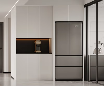 Elegant Modern Wine Cabinet Design In Luxury Kitchen With Glass Doors And LED Lights 3d model