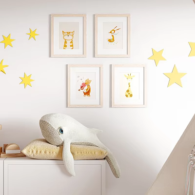 Cute Animal Themed Photo Frames on White Wall with Yellow Stars and Whale Plush Toy 3d model