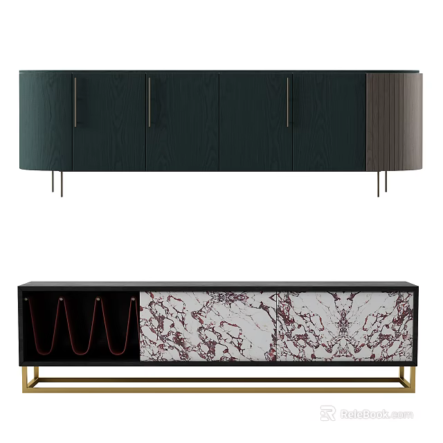 Modern TV Stand With Dark Green Cabinet Golden Handles And Marble Pattern Design 3d model 