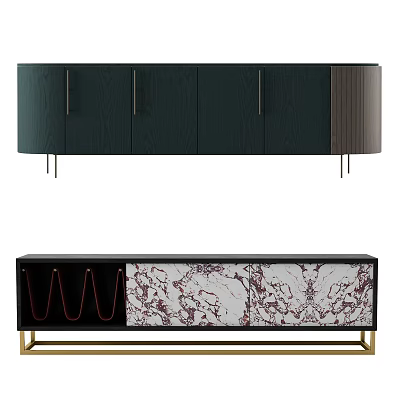 Modern TV Stand With Dark Green Cabinet Golden Handles And Marble Pattern Design 3d model