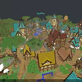Fantasy Island Scenery With Green Trees Cottages Blue Stream And Fairy Tale Buildings