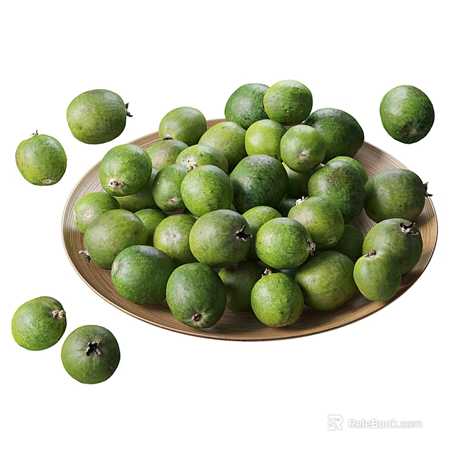 Fresh Green Feijoa Fruits Scattered In And Around Wooden Plate 3d model 