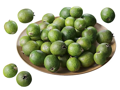 Fresh Green Feijoa Fruits Scattered In And Around Wooden Plate 3d model