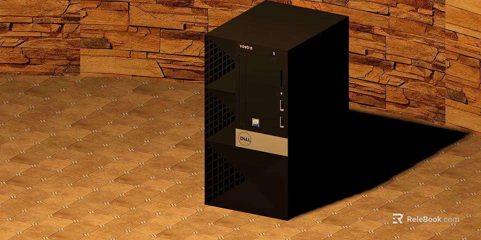 Dell Black PC Tower Desktop Computer On Wooden Textured Floor And Wall 3d model 