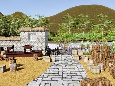 Scenic Rural Landscape With Stone House Wooden Barrels Crates Stone Path And Distant Hills 3d model