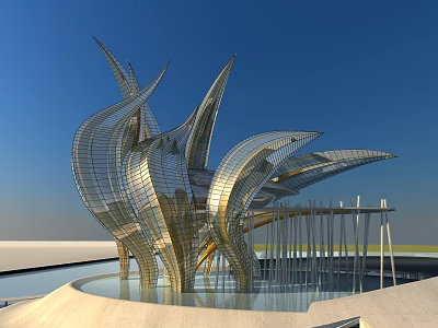 Modern Metallic Sculptural Architecture With Sleek Curved Design By Waterfront Pool Against Blue Sky 3d model