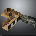 Stuffed Animal On Bed In Wooden Two Story House With Rocky Landscape And Furniture