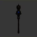 Mystical Winged Staff Weapon with Blue Glowing Elements and Ornate Wooden Structure
