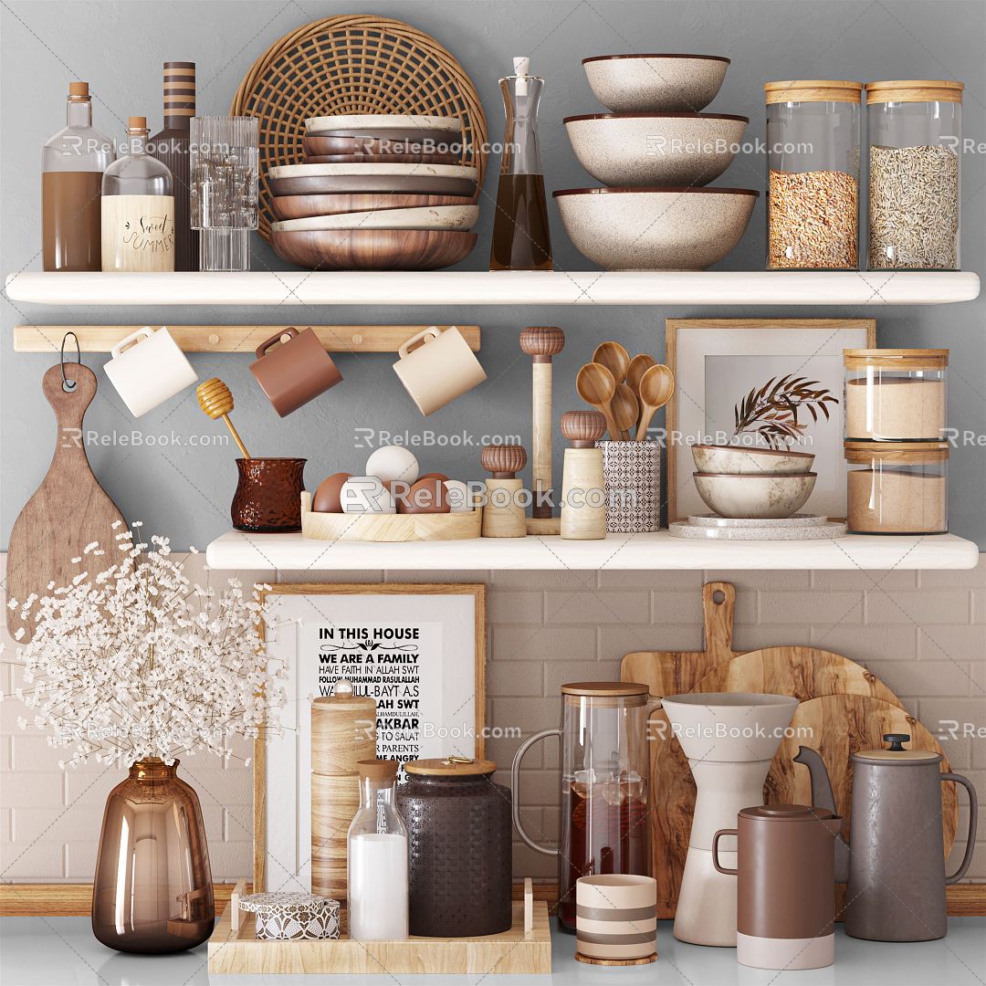 Modern Kitchen Supplies Kitchen Supplies Combination Tableware Kitchenware Storage Rack Seasoning Vase Decoration Pot Plate Mug Bottle Milk 3d model