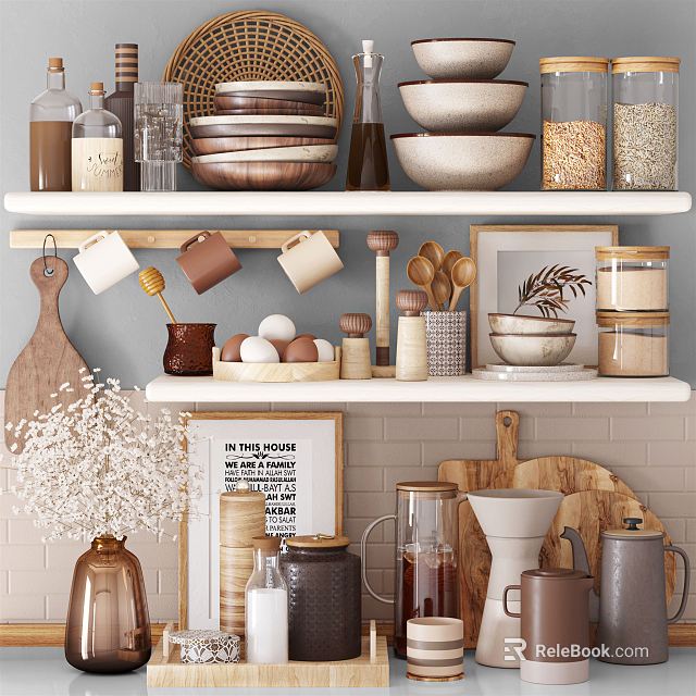 Stylish Kitchen Storage Shelves with Organized Kitchenware Mugs Bowls Jars Grains and Wooden Cutting Board 3d model 