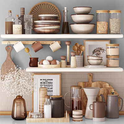 Stylish Kitchen Storage Shelves with Organized Kitchenware Mugs Bowls Jars Grains and Wooden Cutting Board 3d model