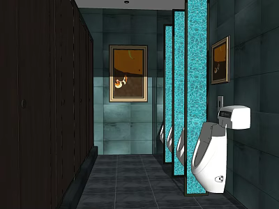 Public Restroom Interior With Blue Walls Urinals Stalls And Decorative Paintings 3d model