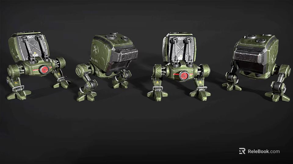 Green Mechanical Robotic Creatures With Different Structures Legs And Red Components 3d model