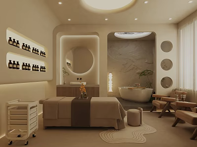 Serene SPA Sauna Interior Design With Round Mirror Bathtub Massage Bed And Plants 3d model