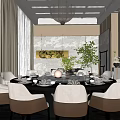 Elegant Private Dining Room Interior With Round Table Chairs Tableware Chandelier And Green Plant