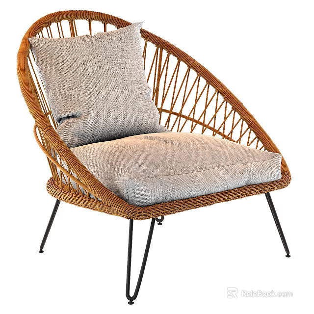 Stylish Rattan Leisure Chair With Light Gray Cushion And Black Metal Legs 3d model 