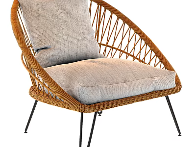 Stylish Rattan Leisure Chair With Light Gray Cushion And Black Metal Legs 3d model