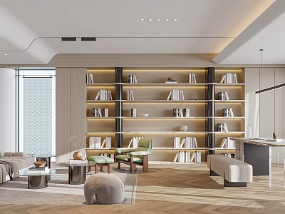 Modern Living Room with Sofa Built in Bookshelves Green Chairs Round Pouf and Wooden Flooring 3d model