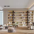 Modern Living Room with Sofa Built in Bookshelves Green Chairs Round Pouf and Wooden Flooring