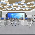 Modern Control Room Interior With Multiple Computer Workstations Large Digital Screen And Geometric Ceiling Design