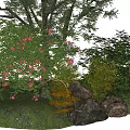 Lush Arbor with Green Leaves and Red Flowers Surrounded by Shrubs Rocks and Green Grass