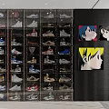 Sneaker Display Shelves With Multiple Layers Of Organized Footwear And Cartoon Wall Art