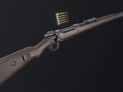 Vintage Bolt Action Rifle With Wooden Stock And Ammunition Strip 3d model