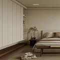 Modern Minimalist Bedroom With Bed Pillows Wooden Bench And Abstract Wall Art