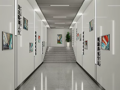 Modern Bright Stylish Office Corridor Interior Design With Wall Paintings Stone Stairs And Potted Greenery 3d model