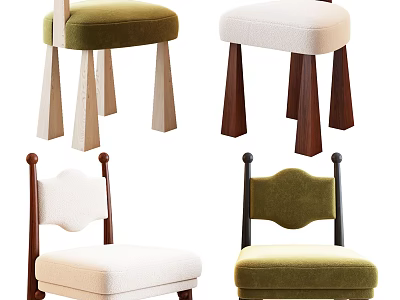 Modern Accent Chairs With Green And White Velvet Upholstery Various Backrest Designs And Wooden Legs 3d model