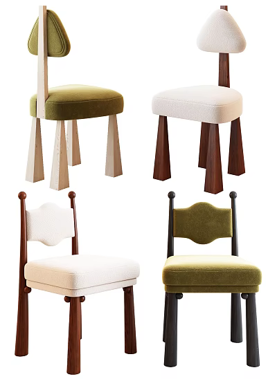 Modern Accent Chairs With Green And White Velvet Upholstery Various Backrest Designs And Wooden Legs 3d model