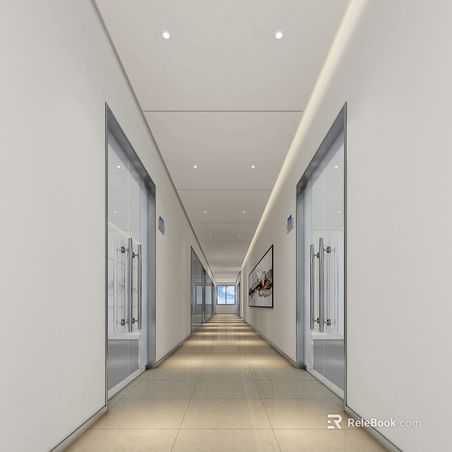 Modern Office Corridor With Glass Doors White Walls And Ceiling Lights Featuring Wall Painting 3d model 