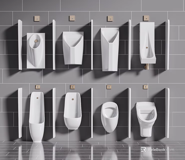 Modern White Urinals With Various Designs Installed On Grey Tile Wall 3d model 