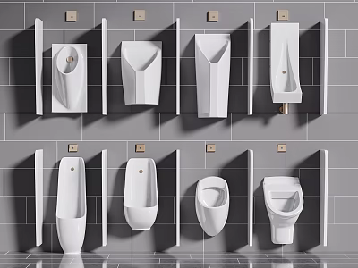 Modern White Urinals With Various Designs Installed On Grey Tile Wall 3d model