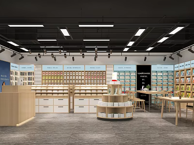 Brightly Lit Store Interior With Organized Shelves Display Stands Counter And Products 3d model