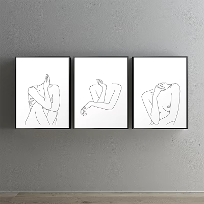 Minimalist Line Art Prints With Human Figure Poses Hanging On Gray Wall 3d model