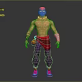 Muscular Shirtless Character With Pink Hair Red Sash Wrist Wraps Purple Pants And Red Sneakers