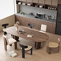 Modern Kitchen Dining Area Featuring Oval Wooden Table And Various Designed Chairs 3d model