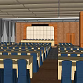 Conference Room Interior With Long Meeting Table Blue Chairs Wooden Backdrop And Dark Carpet